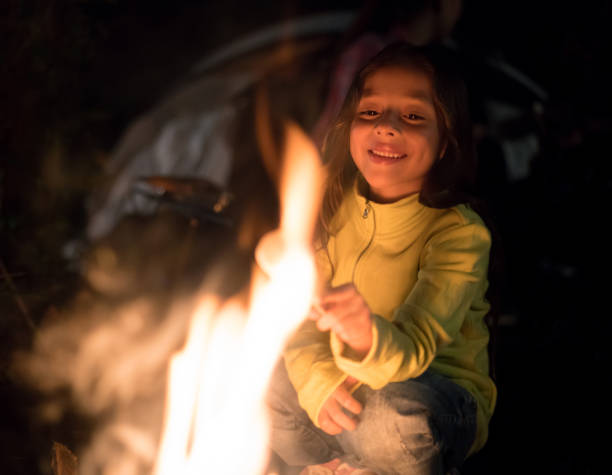 istock Happy girl melting marshmallows on a bonfire while camping 867402228