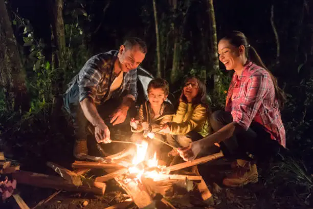 Happy family having fun camping and eating marshmallows by a bonfire â lifestyle concepts