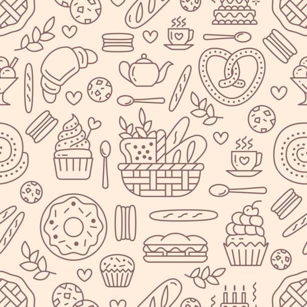 ilustrações de stock, clip art, desenhos animados e ícones de bakery seamless pattern, food vector background of beige color. confectionery products thin line icons - cake, croissant, muffin, pastry, cupcake, pie. cute repeated illustration for sweet shop - birthday cupcake pastry baking