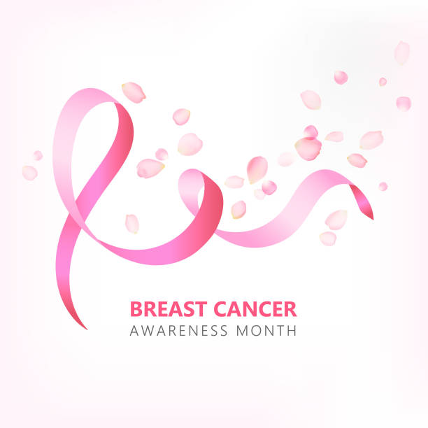 Realistic pink ribbon, breast cancer awareness symbol on pink background with scattered pink rose petals. EPS 10 vector illustration. rose petal stock illustrations