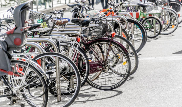 istock Bicycle rack in a pedestrian zone with parked bicycles 867415530
