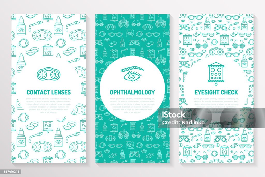 Ophthalmology, medical brochure template, flyer. Eye health care thin line icons contact lenses, eyesight check. Cute illustration for hospital poster. Vector trifold blue background Ophthalmology, medical brochure template, flyer. Eye health care thin line icons contact lenses, eyesight check. Cute illustration for hospital poster. Vector trifold blue background. Optometrist stock vector