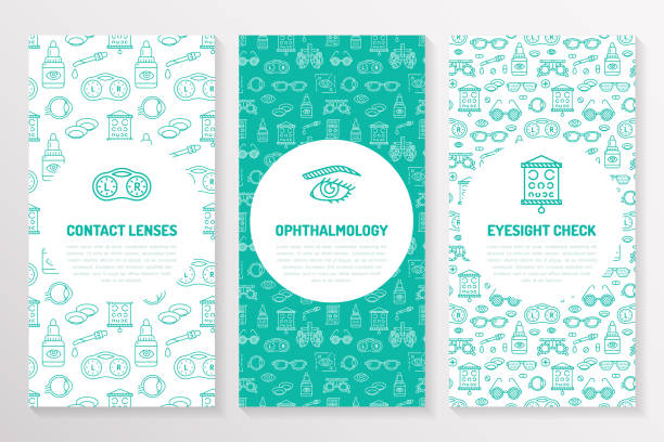Ophthalmology, medical brochure template, flyer. Eye health care thin line icons contact lenses, eyesight check. Cute illustration for hospital poster. Vector trifold blue background Ophthalmology, medical brochure template, flyer. Eye health care thin line icons contact lenses, eyesight check. Cute illustration for hospital poster. Vector trifold blue background. optometrist stock illustrations