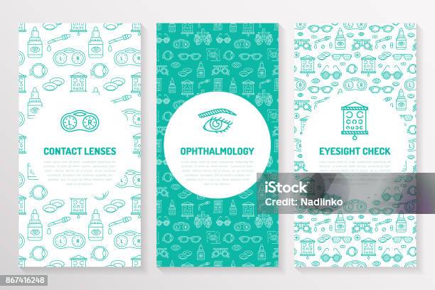 Ophthalmology Medical Brochure Template Flyer Eye Health Care Thin Line Icons Contact Lenses Eyesight Check Cute Illustration For Hospital Poster Vector Trifold Blue Background Stock Illustration - Download Image Now