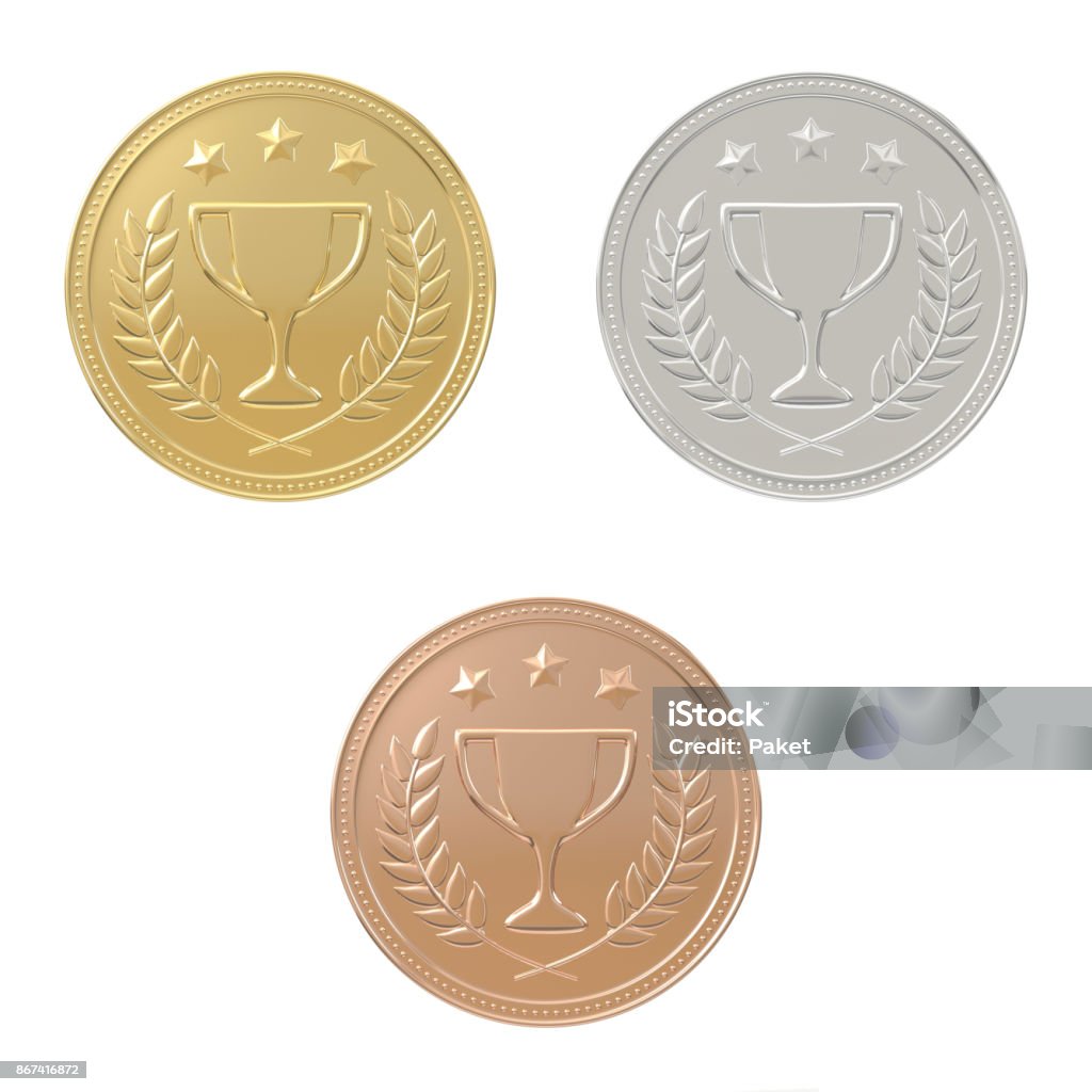 Gold, silver, bronze medals set Gold, silver, bronze medals set. 1st, 2nd, 3rd place. Sports award, product ranking, best price, first place concept. Graphic design elements isolated on white background. Realistic 3D illustration Badge Stock Photo