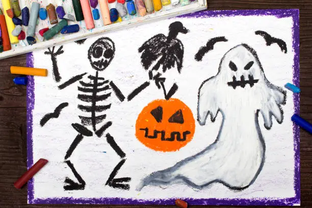 Photo of Halloween drawing: Bad ghost, skeleton, pumpkin and raven