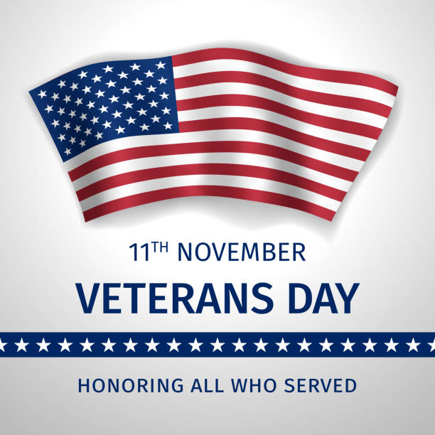 Veterans Day poster with the flag of the United States 11 November, Veterans Day, Honoring All Who Served - poster with the flying flag of the USA veterans day logo stock illustrations
