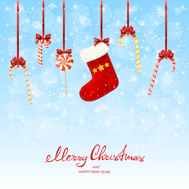 ロリポップと雪の背景にクリスマス ストッキング休日の装飾 - turbinado sugar illustrations点のイラスト素材／クリップアート素材／マンガ素材／アイコン素材