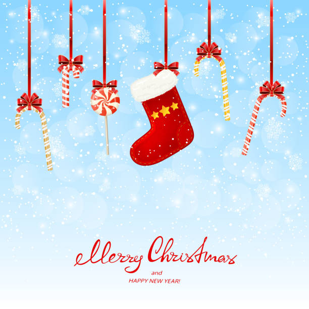 Holiday decorations with lollipops and Christmas stocking on snowy background Lettering Merry Christmas and Happy New Year with holiday decorations. Red Christmas sock and candy canes on a white wooden background, illustration. christmas stocking background stock illustrations