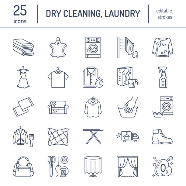 Dry cleaning, laundry line icons. Launderette service equipment, washing machine, clothing shoe and leaher repair, garment ironing and steaming. Washing thin linear signs for self-service laundry Dry cleaning, laundry line icons. Launderette service equipment, washing machine, clothing shoe and leaher repair, garment ironing and steaming. Washing thin linear signs for self-service laundry. leather care stock illustrations