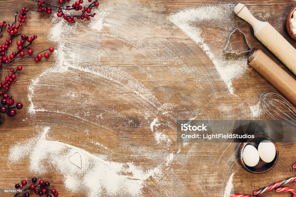 ingredients for dough and utensils top view of ingredients for dough and utensils on wooden table Baking Stock Photo