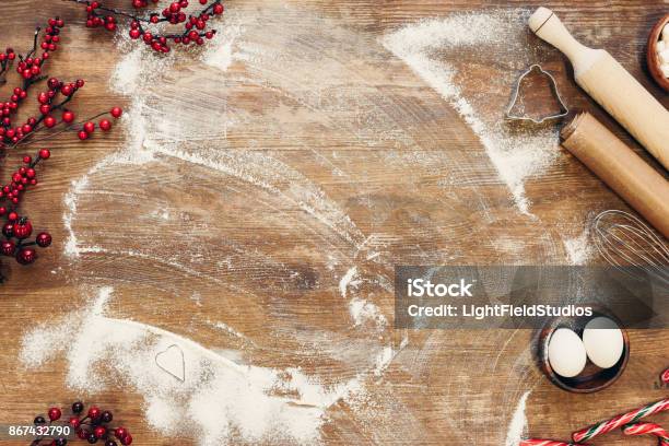 Ingredients For Dough And Utensils Stock Photo - Download Image Now - Baking, Christmas, Vacations