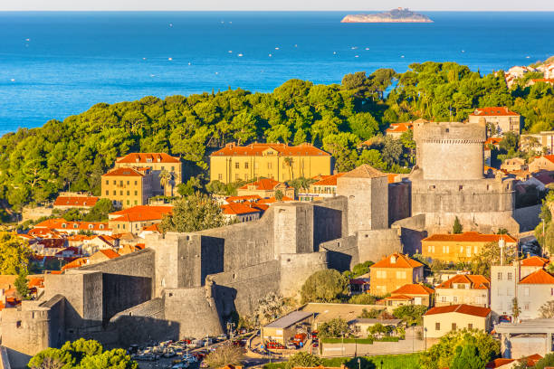 Dubrovnik fort aerial landscape. Aerial view at famous historic architecture in old town Dubrovnik, luxury travel resort on Adriatic Sea, Mediterranean. fort minceta dubrovnik stock pictures, royalty-free photos & images