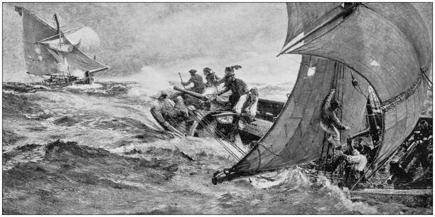 ilustraciones, imágenes clip art, dibujos animados e iconos de stock de fotos antiguas de pinturas: mar - storm pirate sea nautical vessel