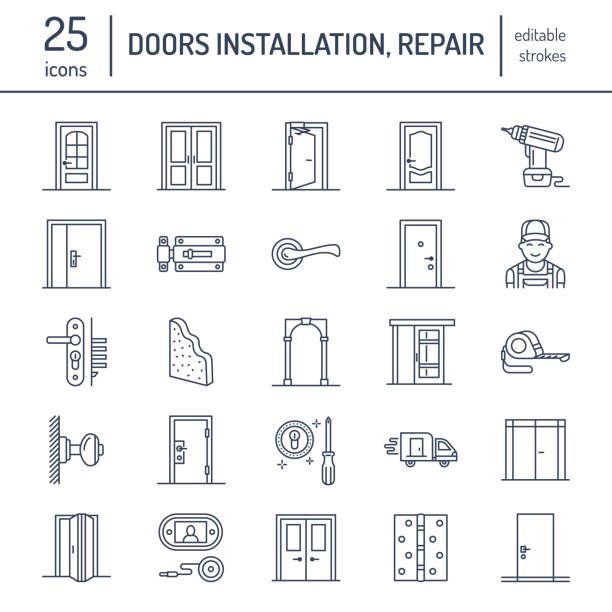 Doors installation, repair line icons. Various door types, handle, latch, lock, hinges. Interior design thin linear signs for house decor shop, handyman service Doors installation, repair line icons. Various door types, handle, latch, lock, hinges. Interior design thin linear signs for house decor shop, handyman service. hinge stock illustrations