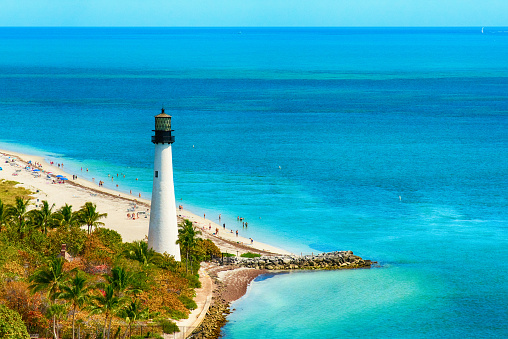 The Cape Florida Lighthouse on Key Biscayne just outside of Miami shot from an altitude of about 500 feet during a helicopter photo flight.