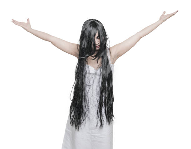 istock Mystical ghost woman in white long shirt standing with hands up 867455262