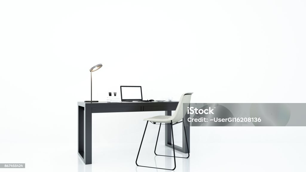 render 3d de la oficina de muebles y decoración de fondo blanco - Foto de stock de Escritorio libre de derechos