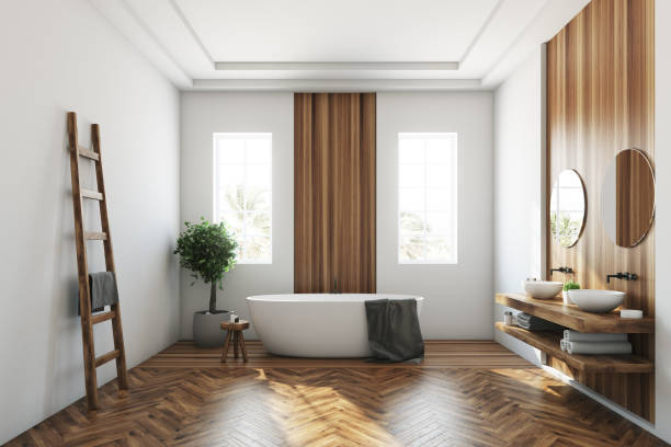 istock White and wooden bathroom, white tub 867459830