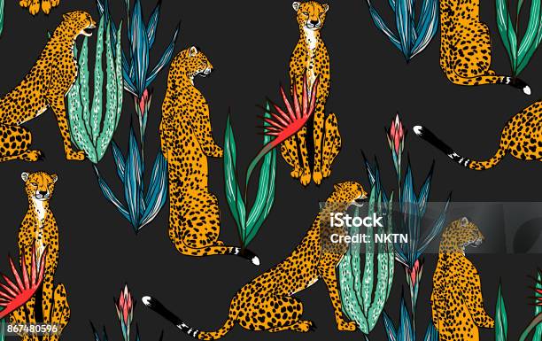 Seamless Leopard In Different Poses Pattern Vector Illustration Stock Illustration - Download Image Now