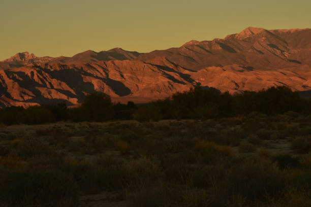 Golden hour dusk landscape scenes in Mojave desert with mountains