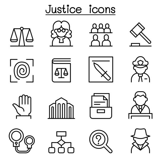 illustrazioni stock, clip art, cartoni animati e icone di tendenza di giustizia, diritto, corte icona impostata in stile linea sottile - justice criminal truth symbols of peace