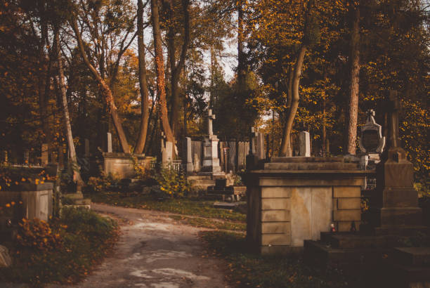 claros depresivos estatuas, monumentos y lápidas del cementerio - sculpture gothic style grave spooky fotografías e imágenes de stock