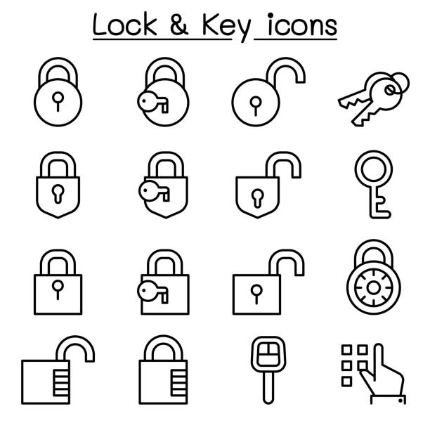 безопасность, блокировка и ключ значок, установленный в стиле тонкой линии - lock padlock security equipment metallic stock illustrations