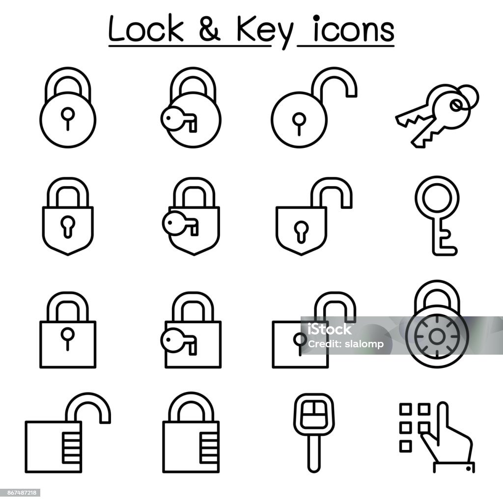 Security, Lock & Key icon set in thin line style Lock stock vector