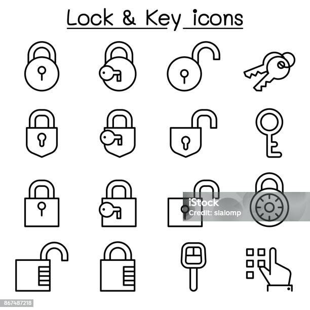 Security Lock Key Icon Set In Thin Line Style Stock Illustration - Download Image Now - Lock, Key, Padlock