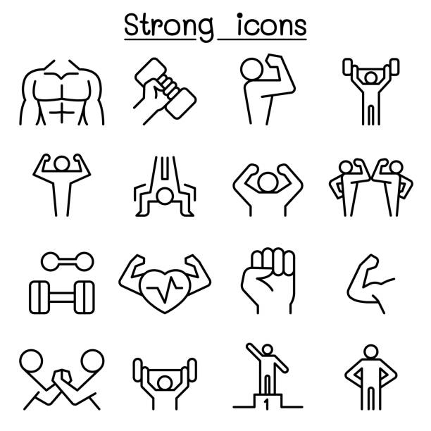 ilustrações, clipart, desenhos animados e ícones de conjunto de ícones forte em estilo de linha fina - adult muscular build athlete beautiful