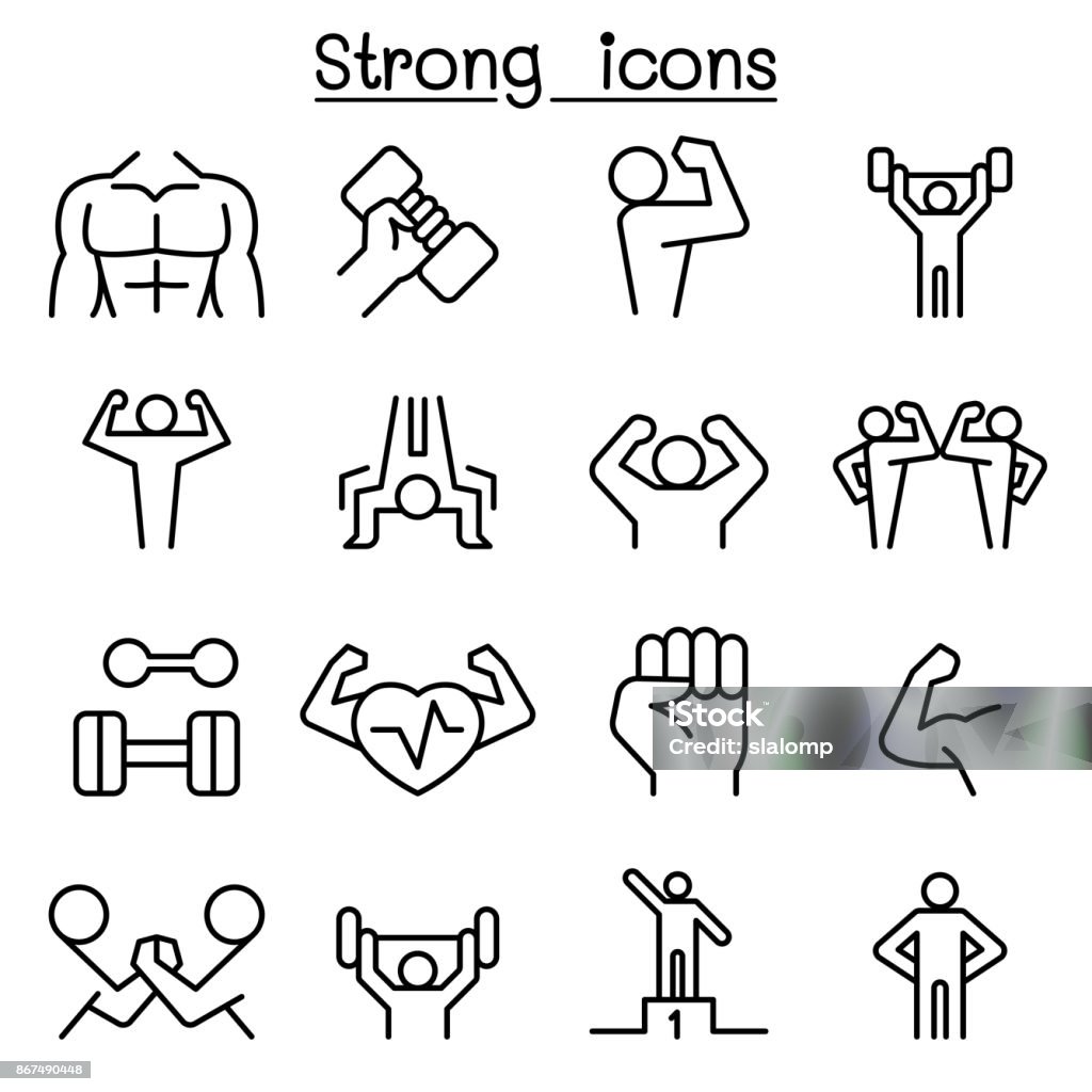 Strong icon set in thin line style Muscular Build stock vector