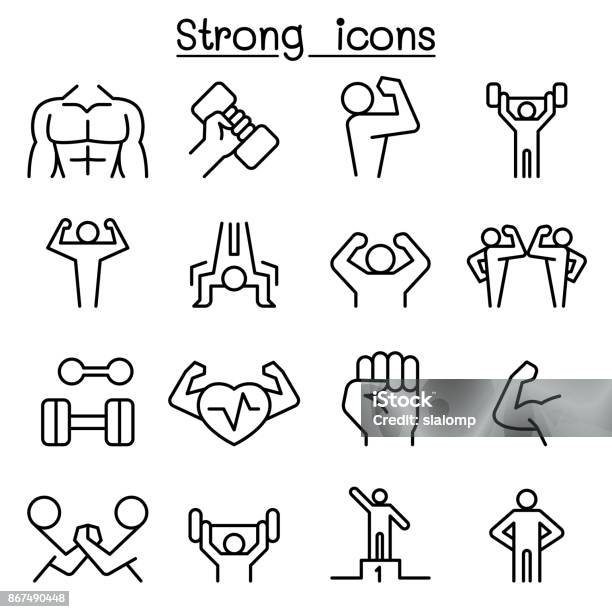 Strong Icon Set In Thin Line Style Stock Illustration - Download Image Now - Muscular Build, Strength, Muscle