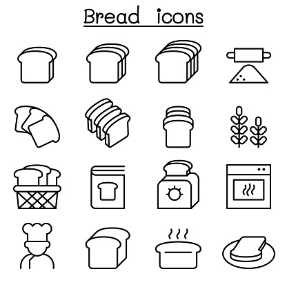 Bread, Loaf, Bakery & Pastry icon set in thin line style