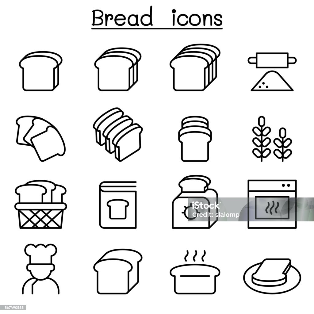 Bread, Loaf, Bakery & Pastry icon set in thin line style Bread stock vector