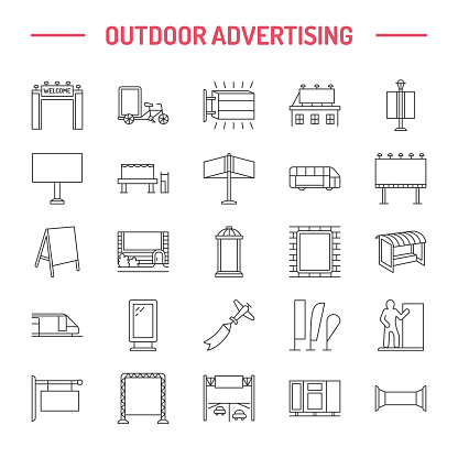 Outdoor advertising, commercial and marketing flat line icons. Billboard, street signboard, transit ads, posters banner and other promotion design element. Grey color. Trade objects thin linear sign.