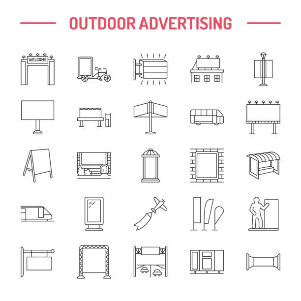 Outdoor advertising, commercial and marketing flat line icons. Billboard, street signboard, transit ads, posters banner and other promotion design element. Grey color. Trade objects thin linear sign Outdoor advertising, commercial and marketing flat line icons. Billboard, street signboard, transit ads, posters banner and other promotion design element. Grey color. Trade objects thin linear sign. billboard illustrations stock illustrations