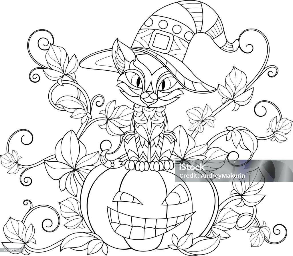Thematic coloring for Halloween Vector illustration of a coloring on a halloween, funny cat in a witch hat sits on a pumpkin. Halloween stock vector