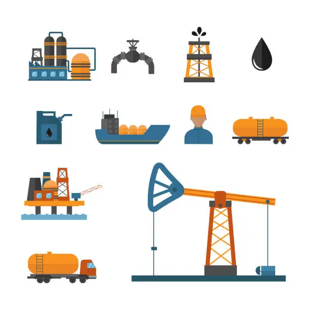 Vector illustration of Mineral oil petroleum extraction production transportation factory logistic equipment vector icons illustration