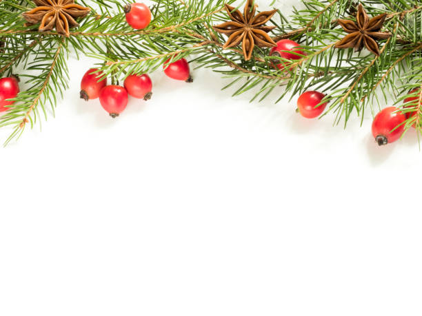 istock Christmas decorations on a white background, berries rose hips, stars, fir branches. copy space 867501754