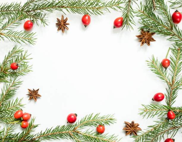 istock Christmas decorations on a white background, berries rose hips, stars, fir branches. copy space 867501926