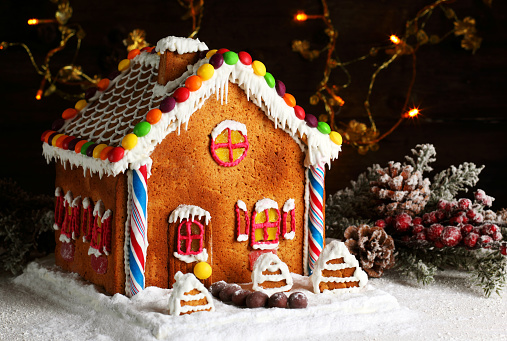 homemade gingerbread house with Christmas decorations