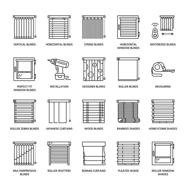 Vector illustration of Window blinds, shades line icons. Various room darkening decoration, roller shutters, roman curtains, horizontal and vertical jalousie. Interior design thin linear signs for house decor shop