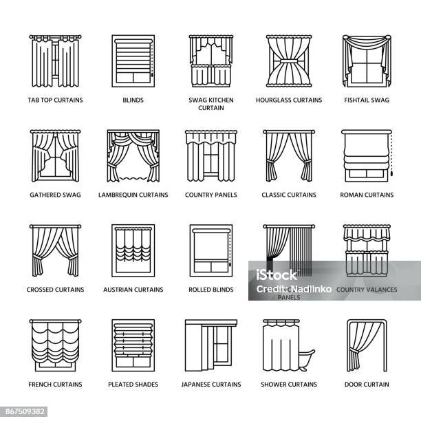 Window Curtains Shades Line Icons Various Room Darkening Decoration Lambrequin Swag French Curtain Blinds And Rolled Panels Interior Design Thin Linear Signs For House Decor Shop Stock Illustration - Download Image Now