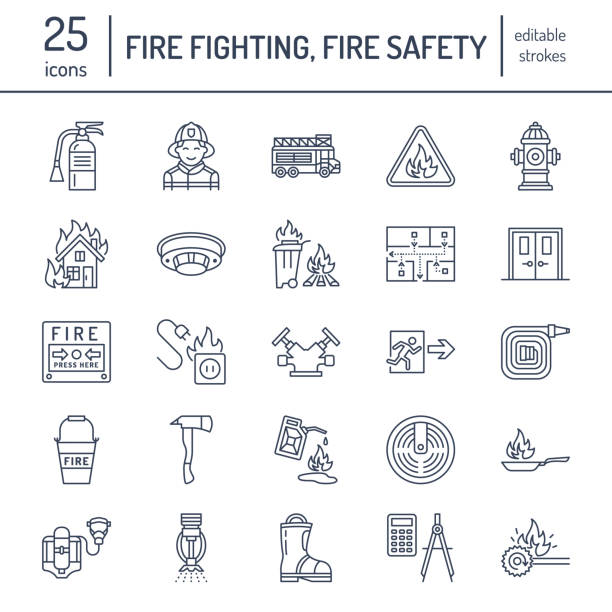 Firefighting, fire safety equipment flat line icons. Firefighter, fire engine extinguisher, smoke detector, house, danger signs, firehose. Flame protection thin linear pictogram Firefighting, fire safety equipment flat line icons. Firefighter, fire engine extinguisher, smoke detector, house, danger signs, firehose. Flame protection thin linear pictogram. emergency plan document stock illustrations