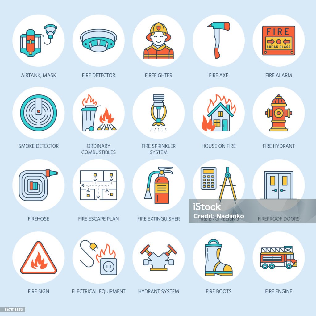 Firefighting, fire safety equipment flat line icons. Firefighter, fire engine extinguisher, smoke detector, house, danger signs, firehose. Flame protection thin linear colored pictogram Firefighting, fire safety equipment flat line icons. Firefighter, fire engine extinguisher, smoke detector, house, danger signs, firehose. Flame protection thin linear colored pictogram. Plan - Document stock vector