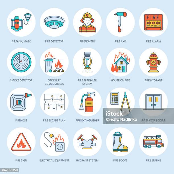 Firefighting Fire Safety Equipment Flat Line Icons Firefighter Fire Engine Extinguisher Smoke Detector House Danger Signs Firehose Flame Protection Thin Linear Colored Pictogram Stock Illustration - Download Image Now