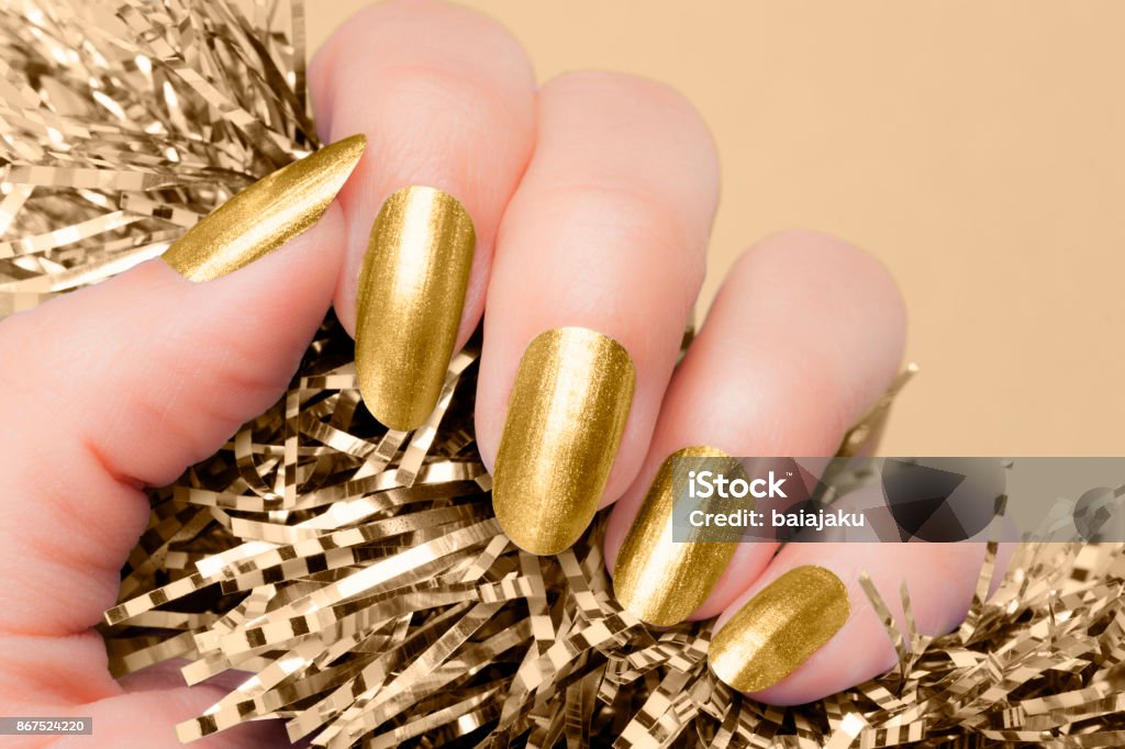 Golden Nails Manicure Stock Photo - Download Image Now - Gold Nail Polish,  Gold - Metal, Manicure - iStock