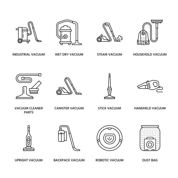 illustrations, cliparts, dessins animés et icônes de aspirateurs icônes ligne plate de couleur. types différents aspirateurs - industriel, domestique, poche, robotique, boîte métallique, humides à sec. signes linéaires minces pour boutique de matériel de travaux ménagers - vacuum cleaner