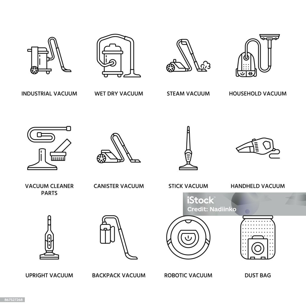 Vacuum cleaners colored flat line icons. Different vacuums types - industrial, household, handheld, robotic, canister, wet dry. Thin linear signs for housework equipment shop Vacuum cleaners colored flat line icons. Different vacuums types - industrial, household, handheld, robotic, canister, wet dry. Thin linear signs for housework equipment shop. Vacuum Cleaner stock vector